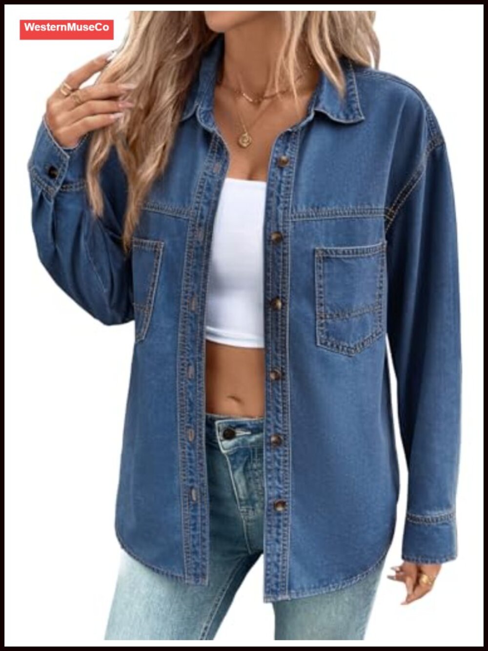 Oversized Denim Button Down Shirt Long Sleeve Patch Pocket